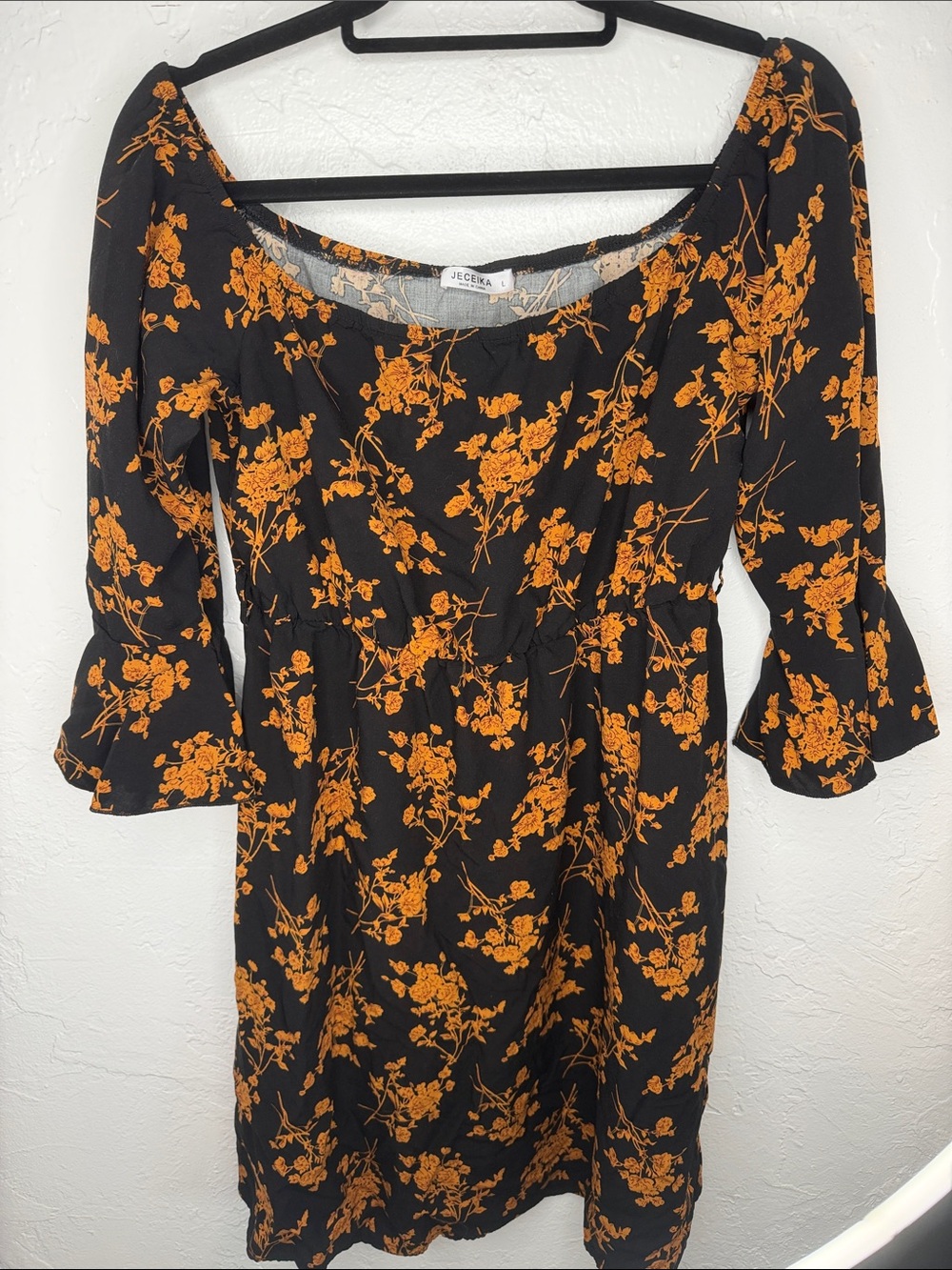 Black Mini Dress with Orange Floral Print